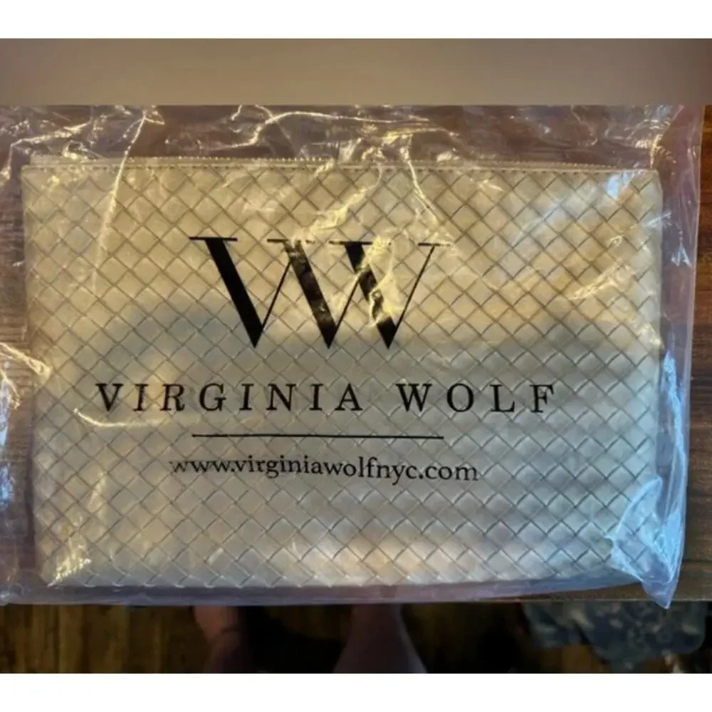 Virginia Wolf Leather Metallic Gold Woven Clutch Cosmetic Bag NWT
